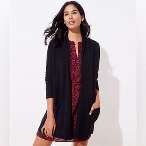 LOFT Black Cotton Cardigan Shawl Collar With Pockets Waffle Weave Knit